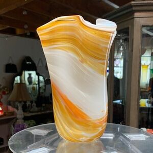 Handblown Orange and White Swirl Art Glass Vase